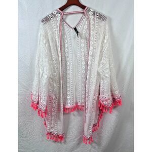 Express White Cotton Crochet Neon Pink Tassels Open Swimsuit Cover‎ Up One Size
